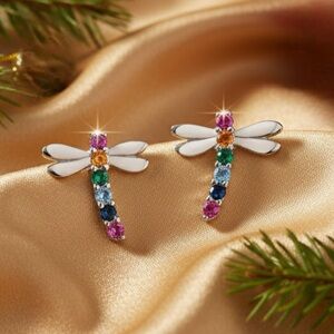Sterling Silver Multicolor CZ Dragonfly Stud Earrings Gift Boxed